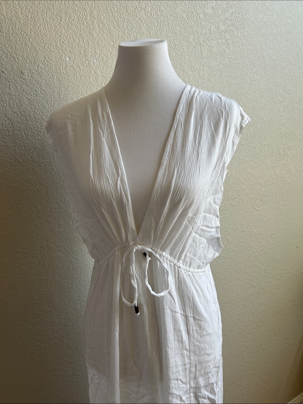 Kona Sol White V-Neck Maxi Coverup Swim Dress with Drawstring Waist Medium - Picture 2 of 5